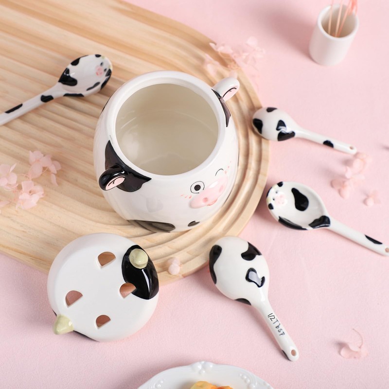 Bicuzat Ceramic Cow Pattern Measuring Spoons Set for Dry or
