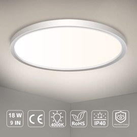 9 inch LED Flush Mount Ceiling Light Fixture, 4000K Nature White Flat Lamp, 18W Super Slim LED Ceiling Lighting Home Modern Decor Lights For Living Room Bathroom Kitchen Bedroom Hallway Balcony, Round