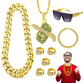 PIXESTT 9 Piece Costume Kit, 70 80s Outfit Men for Fat Gangster Chain & Glasses Gold Hip Hop Costume Kit, Dollar Sign Ring for Cosplay Fancy Dress Theme Party