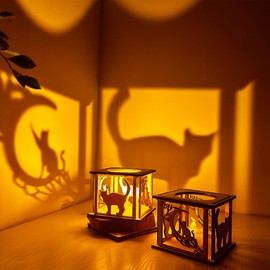 Midrean Small Wooden Cat On Moon Candle Holders Rustic Ramadan Lantern Decorative Lights Indoor for Farmhouse Kitchen Table Decor Home Room Bedroom House Birthday Party Decorations