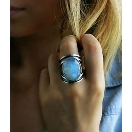 Sdouefos Vintage Silver Ring Sterling Silver Moon Moonstone Ring for Women Gemstone Boho Jewelry Wedding Bridal Ring (S)