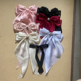 4PCS Oversized Hair Bows,4 Design Styles,Vintage Hair Bows for Women,Silky Satin Long Tail Large Hair Barrettes,Rhinestones,pearl,handmade Unique Style for Women Every Day