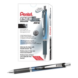 Pentel® EnerGel™ Deluxe RTX Retractable Liquid Gel Pens, Fine Point, 0.5 mm, 54% Recycled, Blue Barrel, Black Ink, Pack of 12 Pens