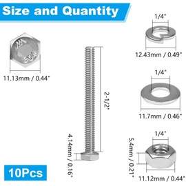 Yinpecly 10 Sets 1/4-20 x 2-1/2" Hex Head Screw Bolt, Nuts, Flat & Lock Washers, Stainless Steel 304, Machine Fully Thread Hex Bolts, Bright Finish Hexagon Bolt, Nuts and Bolts Assortment Kit
