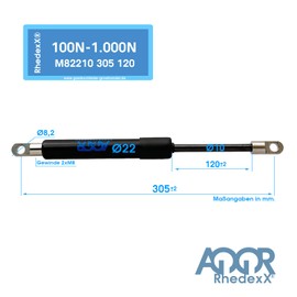 RhedexX® Gas Spring Joint Eye 305/120/100N-1.250N - Length 305 mm, Stroke 120 mm, Force: 100N-1,250N - Gas Spring with M8 Eye Mount Thread Gas Spring (300 N)