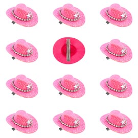ASUNFO 12 Pcs Cowboy Hat Hair Clip Mini Small Tiny Miniature Cowgirl Hat for Western Party Decoration Rhinestone Glitter Rose Red 2.56 Inch