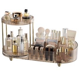 Lulltou Rotating Makeup Organizer Countertop with Compartment for Vanity, Plastic Vanity Makeup Storage Organizer, 2-in-1 Desk Makeup Holders and Organizers with Perfume Tray for Cosmetics Bathroom