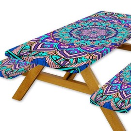 DeeCabin Picnic Table Cover with Bench Cover, Boho Table Covers with Elastic Waterproof Camping Tablecloth with Drawstring Bag, Outdoor Travel Rv Patio Camping Essentials, 72In 3PCS