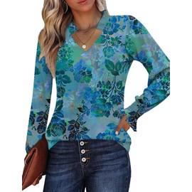 Kistore Woman Blouse Long Sleeve Tunic Tops for Women 2025 Fall V Neck Casual T Shirts Business Peacock Blue Floral XL