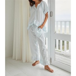 Women's Plaid 2 Piece Pajamas Outfits Button Up Short Sleeve Babydoll Shirts + Ruffle Pants Pj Lounge Set Sleepwear (Sky Blue, S)