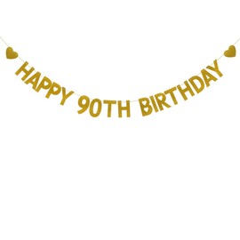 HAPPY 90TH BIRTHDAY Banner, Pre-Strung, Gold Glitter Paper Garlands for 90th Birthday Party Decoratiopns Supplies, Letters Gold,ABCpartyland