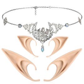 FRESHME Elf Ears with Fairy Moon Headpieces Set - Handmade Elven Ears with Crystal Celtic Head Chain Goddess Crescent Headband for Women Girls Cosplay Renaissance Christmas Costume