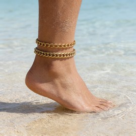 DODIY 2PCS Ankle Bracelets for Women - Gold Plated Stainless Steel Anklets Set - Waterproof Layered Cuban Link Chain Anklet Bracelet Summer Beach Foot Jewelry Gifts for Women (style2)