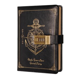 Shesyuki Literary Vintage Leather Notebook with Lock, Embossed Pattern Ship Journal, B6 Notebook, Lock Diary Planner Organizer for Men and Women