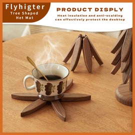 Wooden Tree Coasters with Holder, Wooden Trivets for Hot Pots and Pans Decorative Christmas Tree Shape Includes 4 Pcs Hot Plate Mats + 1 Stand Desktop Decoration and Gift (Walnut Wood)