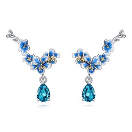 Natural Londoon Blue Topaz Studs Earrings 925 Sterling Silver Blue Flower with Blue Topaz Stud Earrings November Birthstone Topaz Earrings for Women Gifts, Sterling Silver, london blue topaz