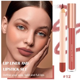 Prreal 2Pcs Lip Liner and Lipstick Makeup Set, Matte Liquid Lipstick + Matching Lip Liner, Nude Velvety Lips Makeup Kit Gift Set, Waterproof Long Lasting labiales mate 24 horas originales (12)