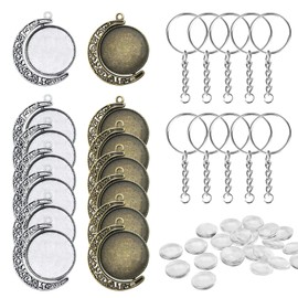 25mm Pendant Trays Kit, 12 PCS Moon Rotation Double Side Round Blank Bezel Pendant Trays, 20 PCS Glass Dome Tiles Clear Cameo and 10 PCS Pendant Buckle for DIY Craft