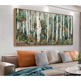 tigeridge Framed Birch Wall Art - Blooming Birch Forest Canvas Pictures Nature Landscape Wall Decor Birchwood Trees Painting Print Artwork Living Room Bedroom Home Office Decor 24" x 48" Natural Frame