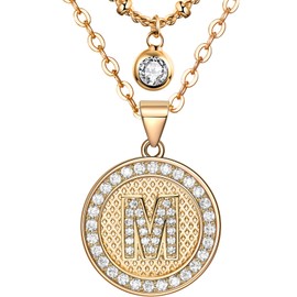 JENDEAR Layered Initial Necklaces for Women, 14K Gold Plated Dainty Layering Chain Necklace Cute Round Cubic Zirconia Coin Letter Pendant Choker Necklace Jewelry Gift for Women