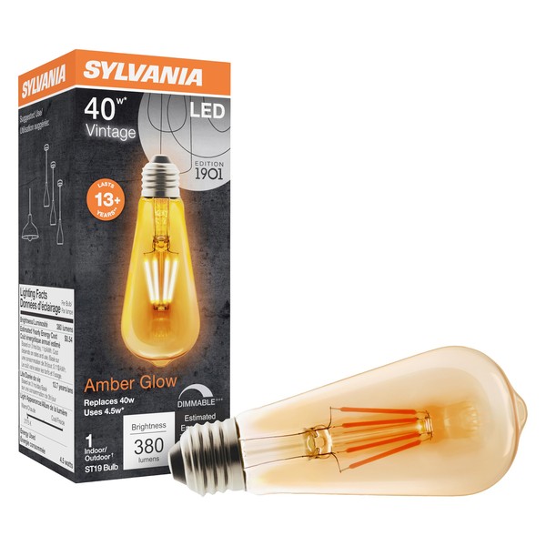 SYLVANIA LED Vintage Filament ST19 Light Bulb, 40W Equivalent Efficient 4.5W, 13 Year, Dimmable, 2175K, Amber Glow - 1 Pack (75351)