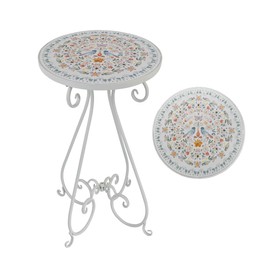 Vintage Garden Mosaic Outdoor Side Table 14" Diameter Round Ceramic Tile Top Metal Plant Stand for Flower Pots Vase End Table for Indoor Home Living Room, Patio, Balcony Decor Pink Floral Design