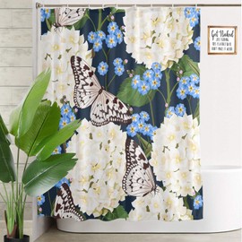 Olikked Vintage Floral Bath Shower Curtain Set White Hydrangea and Forget-Me-Not Flowers and Butterfly Shower Curtains Home Decorative Waterproof Polyester Fabric with Hooks 72x72 Inch