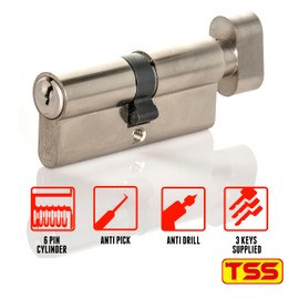 TSS Satin Chrome Thumb Turn Euro Cylinder Lock, Euro Door Barrel Lock with Anti-Drill & Anti-Pick Protection. Suitable for All Door Types. (45mm Turn Side x 45mm External (90mm Total))