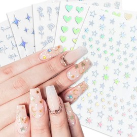Stars Nail Art Stickers - 6 Sheets Luxurious Nail Art Supplies 3D Self-Adhesive Nail Decals Letter Heart Flower Stars Moon Glitter Gold Silver Nail Designs for Women Girls DIY Nail Art Decorations