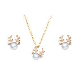 COLORFUL BLING Christmas Crystal Reindeer Stud Earing Necklace Set Cute Small White Pearl Studs Earing Antler Deer Pendant Necklace Earpin Xmas Birthday Gift for Women-Gold