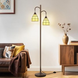 Tiffany Style Stained Glass Floor Lamp, Vintage Mid Century Tall Standing Lamp with Dual Shades, Modern Farmhouse Decorative Corner Rustic Tree Light for Living Room Bedroom Home Office(E26 Base)