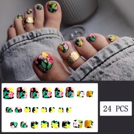 24Pcs Summer Flower Press on Toenails Short Square Fake Toe Nails Pink Rose Glossy with Green Leaves Designs Full Cover Acrylic Colorful Artificial Toenails for Women Girl DIY Manicure