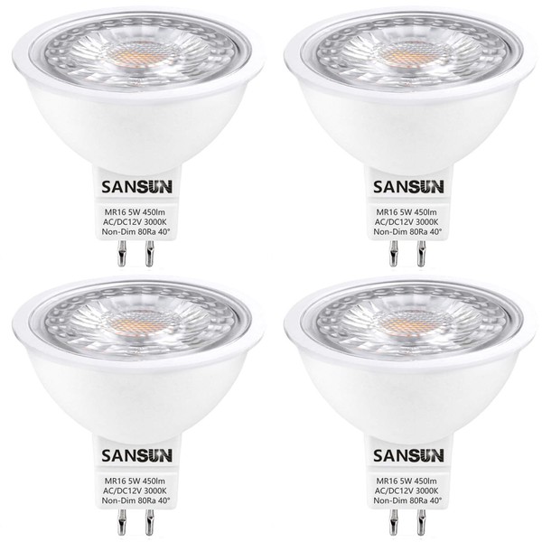 SANSUN 5W MR16 LED Bulbs, 12V 50W Replacement, GU5.3 Bi-Pin Base, Soft White 3000K, Non-Dimmable, (Pack of 4)
