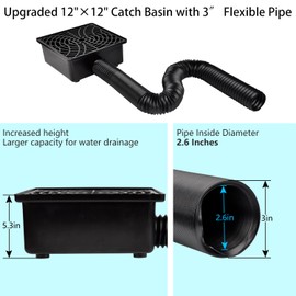 Prestantious Gutter Downspout Catch Basin Drain Kit, Upgraded Larger Version 12"×12" Catch Basin Gutter Downspout Extensions with 2.6” ID Flexible Pipe, Pipe Stretched Length 6.6ft