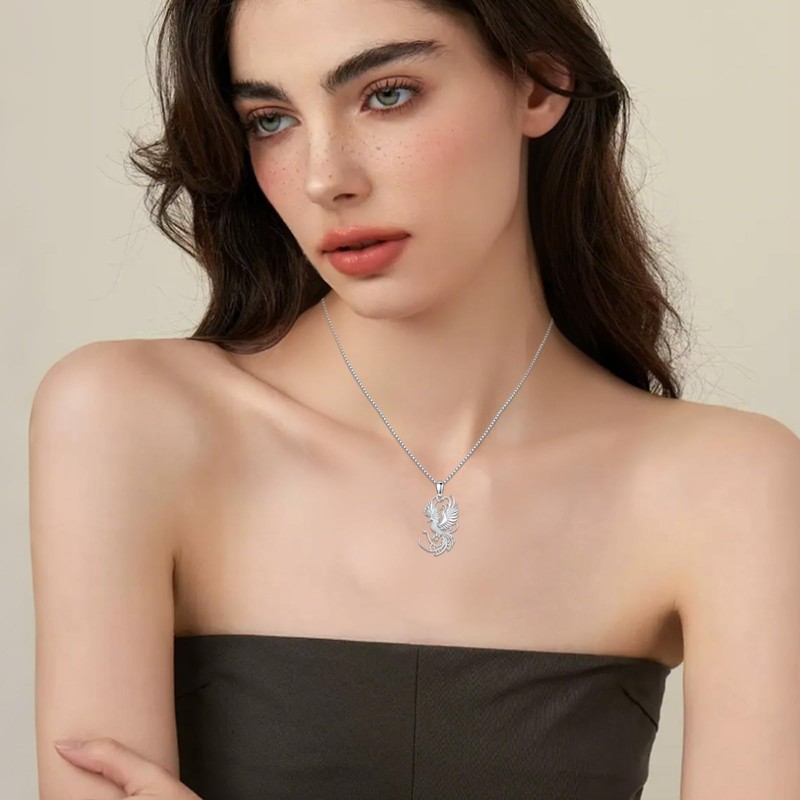 OHAYOO Phoenix Necklace for Women, 925 Sterling Silver White Gold