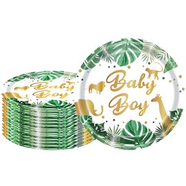 HSPAIDYP 50Pcs 50 Pcs Baby Shower Plates,Safari Animal Jungle Baby Boy Party Supplies,7" Safari Jungle Animals Paper Plates for Jungle Theme Baby Boy Birthday Party Decor