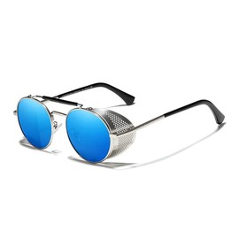 KINGSEVEN Real Retro Round Steampunk Sunglasses Men Retro Women Sunglasses Sunglasses Sunglasses Vintage Travel Glasses Gafas De Sol 7550, Silver Blue