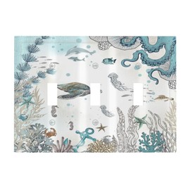 Sea Turtle Octopus Ocean Underwater Animal 3 Gang Light Switch Covers Decorative Unique Triple Toggle Wall Plate Electrical Faceplate Switchplate for Kitchen Bathroom Bedroom Home Decor
