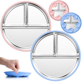 OVV Stainless Steel Kids Plates (2 Pack) 9 Inch Toddler Divided Plates with ﻿Removable Silicone Sleeves & 5 Suction Cups Baby Self Feeding | Mess-Free Mealtime | Dishwasher Safe