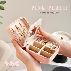 Initial Portable Jewelry Case with Mirror - Mini Travel Organizer, Small Jewelry Box, Teen Teacher Gifts (PeachPink-N)