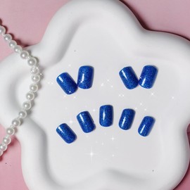 Royal Blue Glitter Press on Nails Short Nails Glue On,KQueenest Iridescent Shimmer Acrylic Fake Nails with Salon UV Finish,Sparkling Gel Nails Press ons Petite,Glossy Flash Stick on Nails Short False Nails with Designs for Home Manicure in 24 PCS