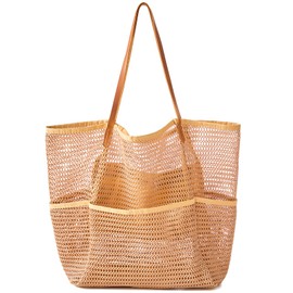 EURYNOME Mesh Beach Bag w/Genuine Leather Handle Strap，Zipper Pocket Beach Tote Bags for Women Large Mesh Swimming Pool Bags