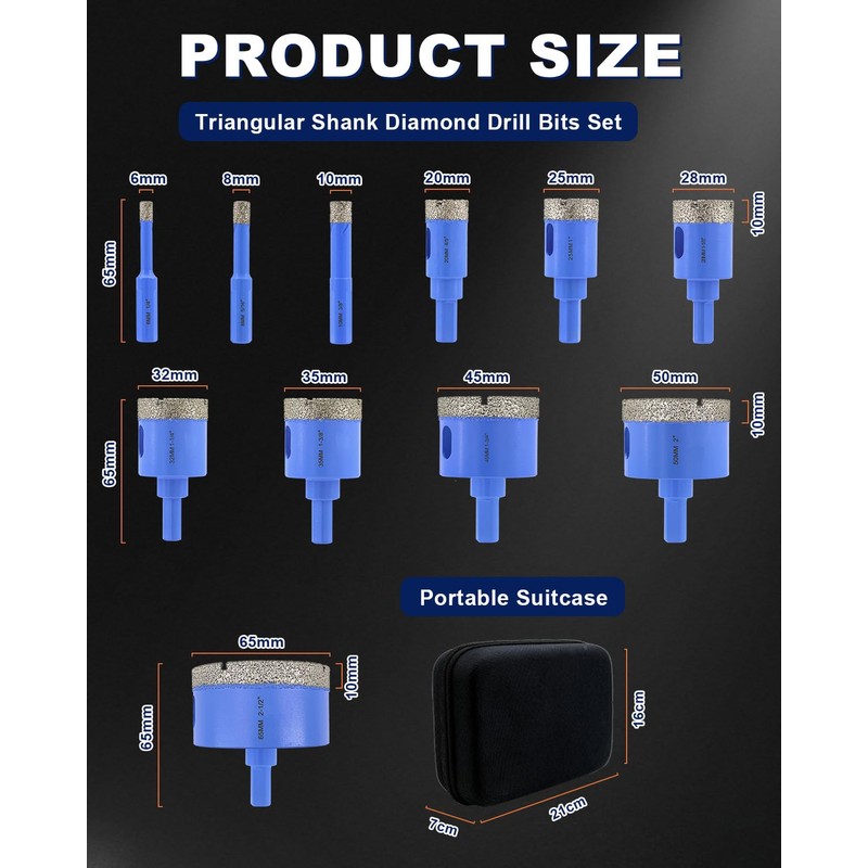 Diamond Tile Hole Saw Kit - 11Pcs 1/4'', 5/16'', 3/8",