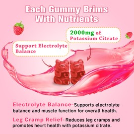 Potassium Citrate Gummies – Potassium Supplement for Muscle Health, Leg Cramp Relief & Electrolyte Balance, Vegan, Non-GMO, Gluten-Free, Raspberry Flavor, 60 Count