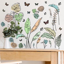 Palm Leaves Wall Decals Boho Tropical Leaves Wall Sticker Removable Green Plant Leaf Walls Decal Peel and Stick Tropical Leaves Butterflies Vinyl Art Mural for Bedroom Living Room TV Background Decor