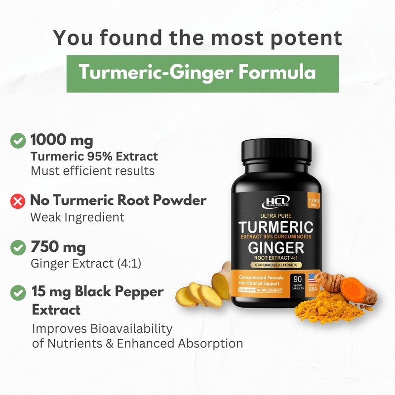 Turmeric Curcumin with Ginger – 1750mg High-Potency Formula with 95%