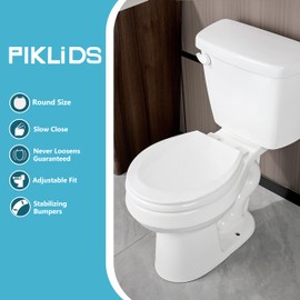 Wood Toilet Seat, Slow Close, High Gloss Finish, Premium Moulded Wood, White, PIKLiDS (Round)