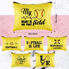 6 Pcs Softball Makeup Bag Softball Cosmetic Bag Softball Bags for Women Softball Gift Bags Sport Pouch Bags Travel Zipper Storage Case Makeup Organizer Toiletry Bag for Women Teen Girls Team Player
