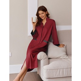 Ekouaer Women Zipper Robe Long Sleeve House Coats Velour Robes Soft Bathrobe with Pockets Nightgown(Red,Medium)