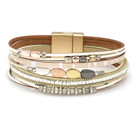 Gleamart Multilayer Leather Wrap Bracelet Beads Wristband Braided Bangle for Women Khaki2